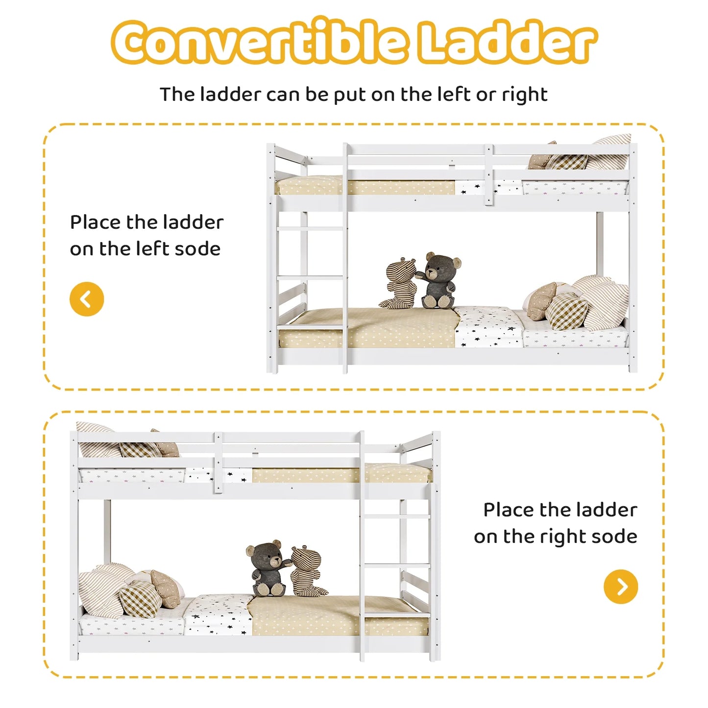 Zimtown Bunk Bed Twin over Twin,Kids Low Floor Bunk Bed with Guard Rails for Children Boys Girls Dormitory Bedroom,No Box Spring Needed,White