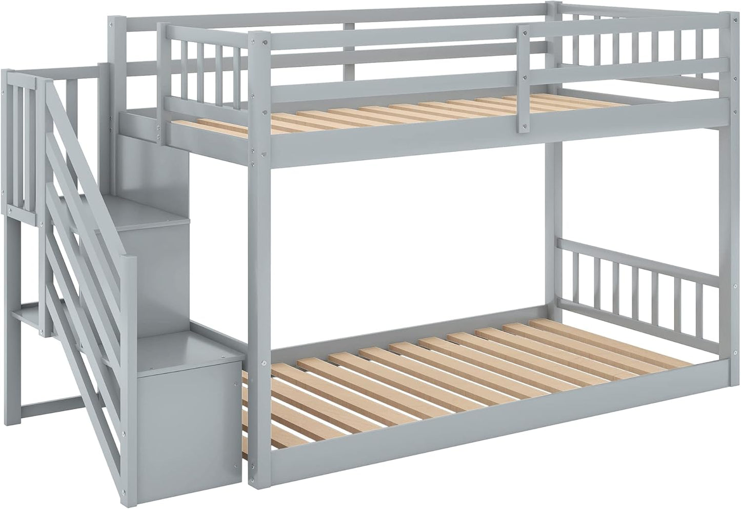 Solid Wood Twin over Twin Low Bunk Bed with Storage and Guardrail for Children and Toddlers