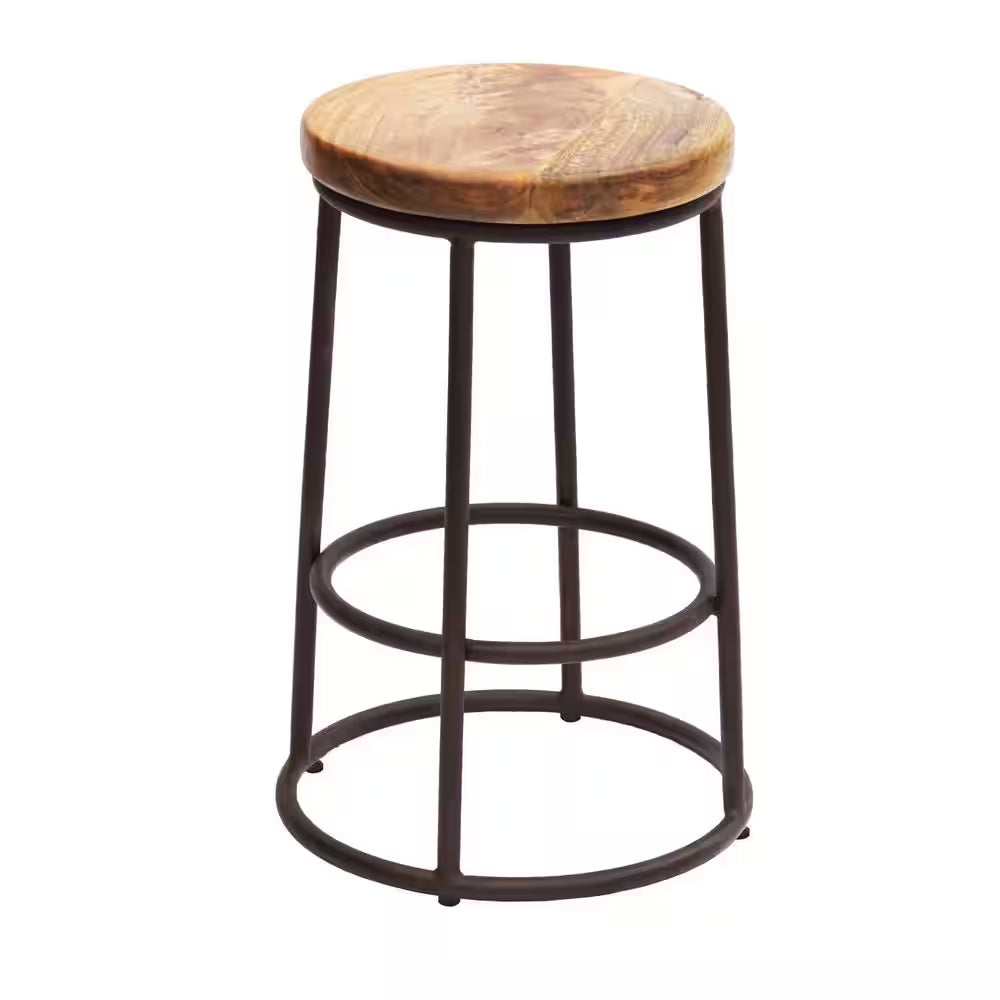 24 In. Mango Wood Brown and Black Counter Height Bar Stool with Iron Base