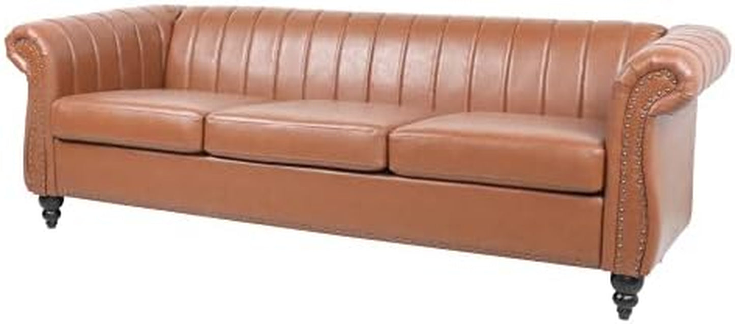 Chesterfield 3-Seater Sofa in PU Leather with Rolled Arms and Studded Accents, Featuring Rotating Solid Wood Legs - Bronze Finish