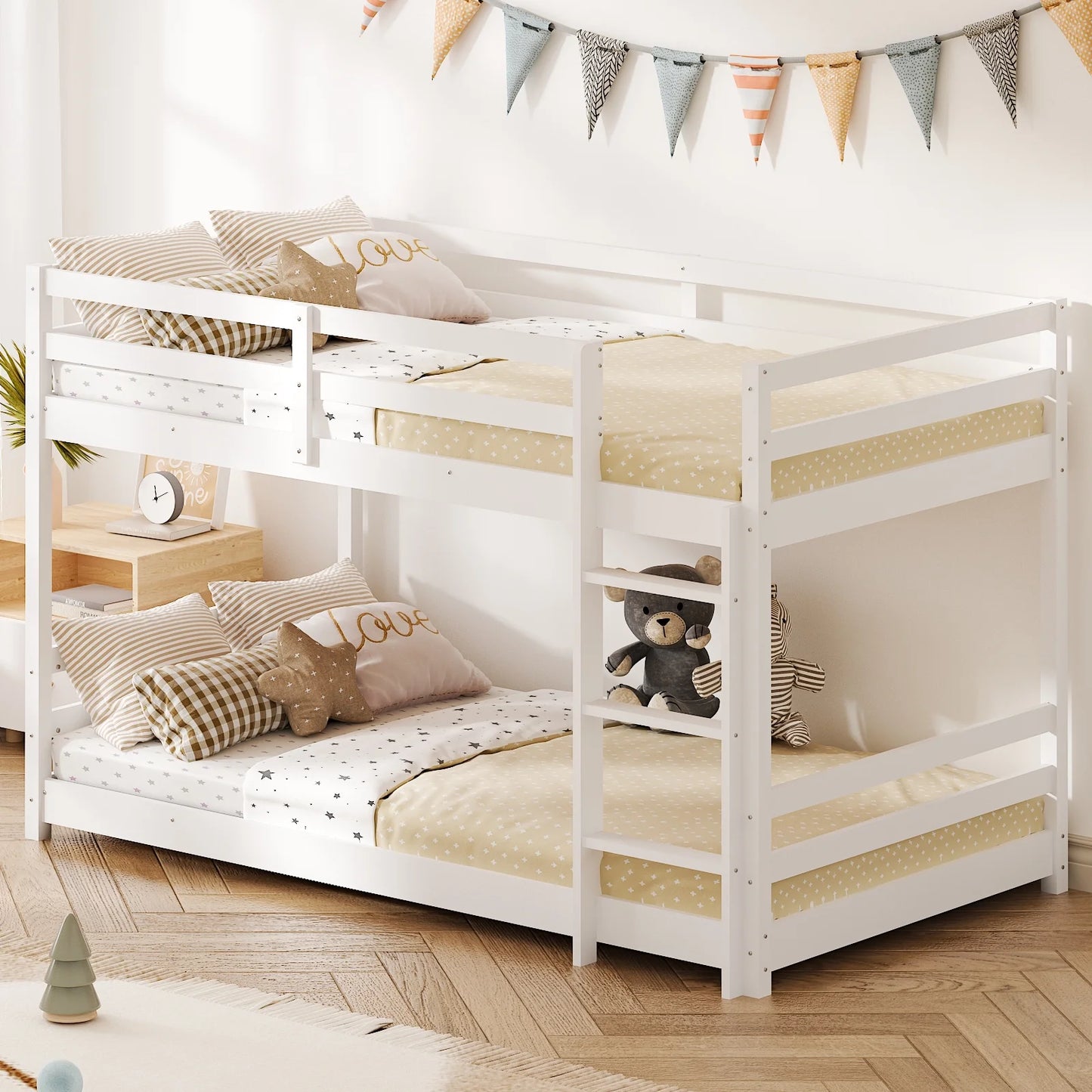 Zimtown Bunk Bed Twin over Twin,Kids Low Floor Bunk Bed with Guard Rails for Children Boys Girls Dormitory Bedroom,No Box Spring Needed,White