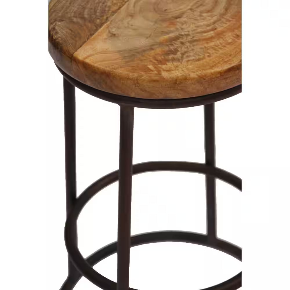 24 In. Mango Wood Brown and Black Counter Height Bar Stool with Iron Base