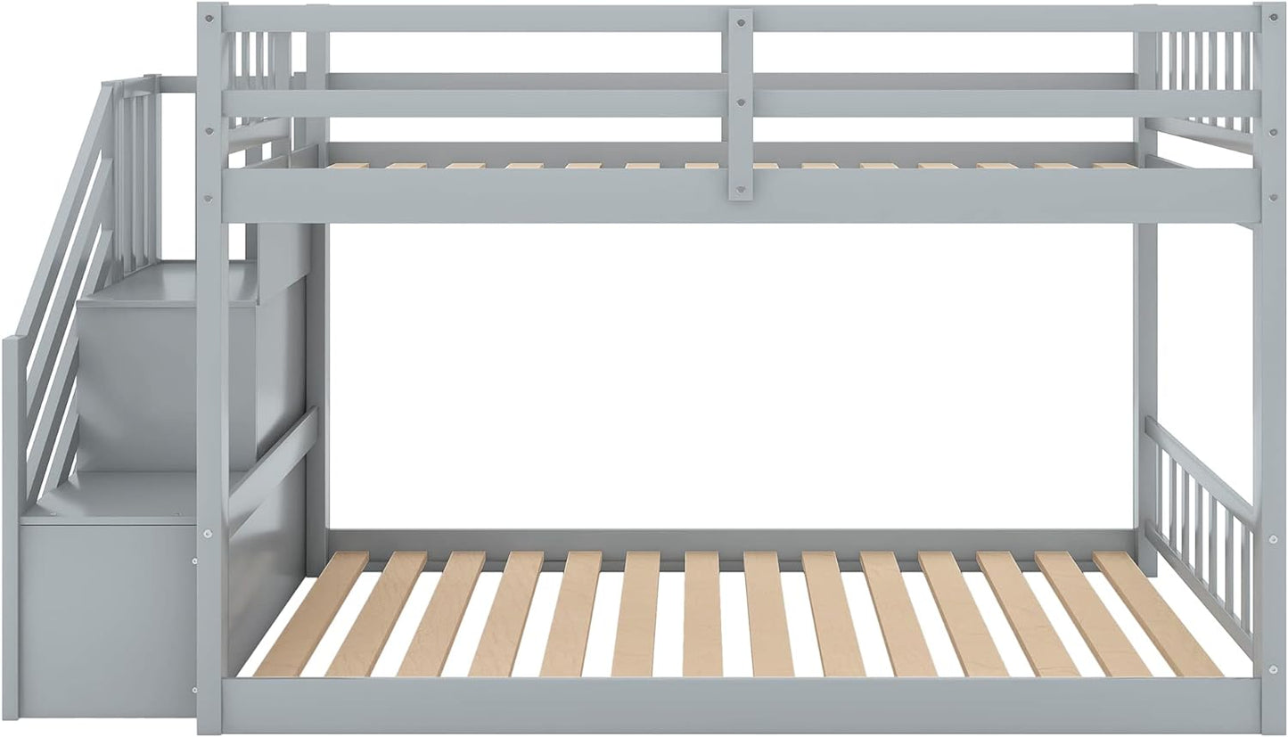 Solid Wood Twin over Twin Low Bunk Bed with Storage and Guardrail for Children and Toddlers