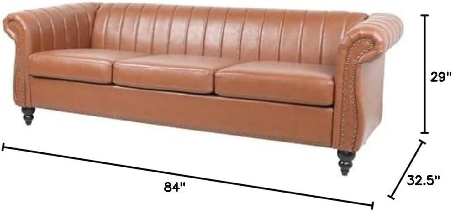 Chesterfield 3-Seater Sofa in PU Leather with Rolled Arms and Studded Accents, Featuring Rotating Solid Wood Legs - Bronze Finish