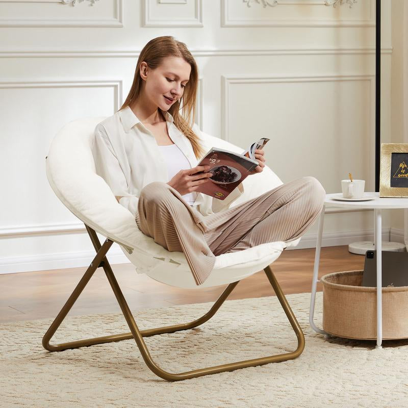 Cozy Saucer Chairs Faux Fur Living Room Reading Lounge Furniture Folding Comfy with Soft Thick Padded Seat Metal Frame Modern Style for Bedroom Home