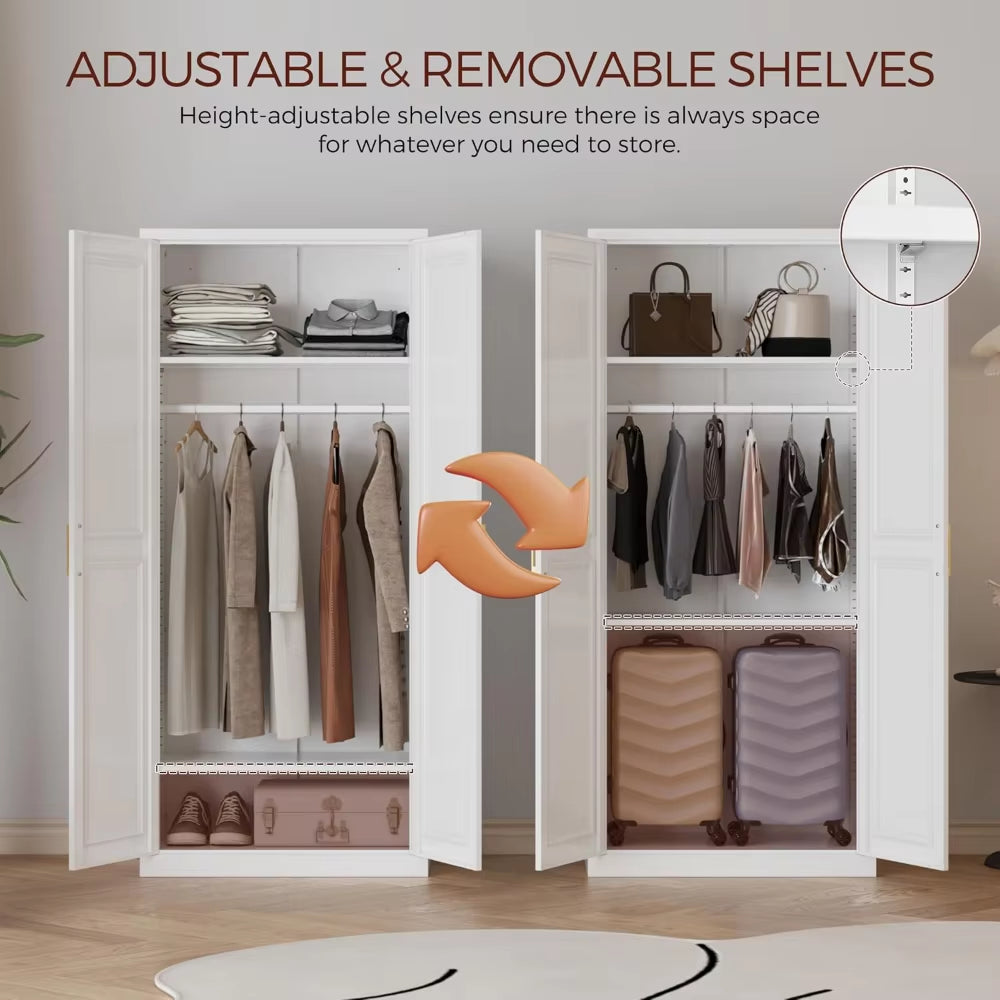 71" Metal Armoire Wardrobe Closet with 2 Doors, Tall Wardrobe Cabinet with Hanging Rod and Adjustable Shelves
