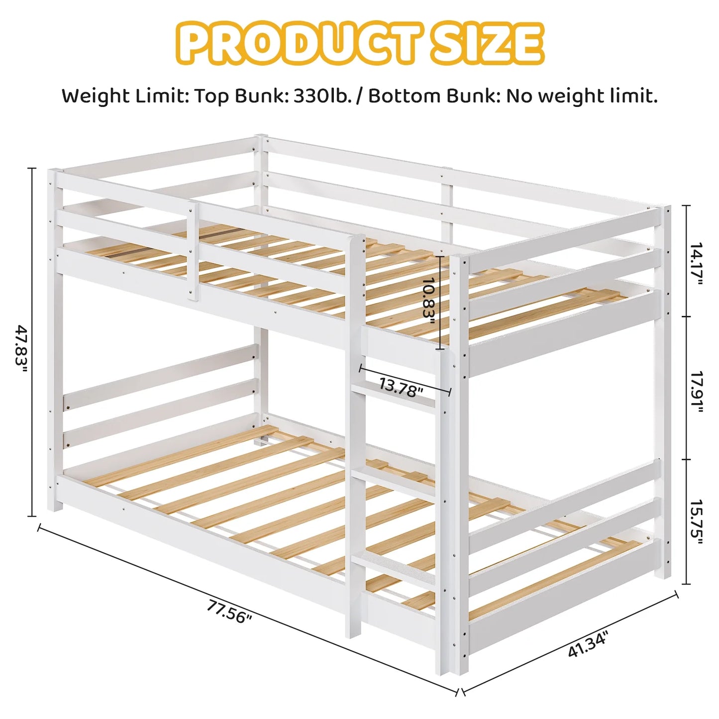 Zimtown Bunk Bed Twin over Twin,Kids Low Floor Bunk Bed with Guard Rails for Children Boys Girls Dormitory Bedroom,No Box Spring Needed,White