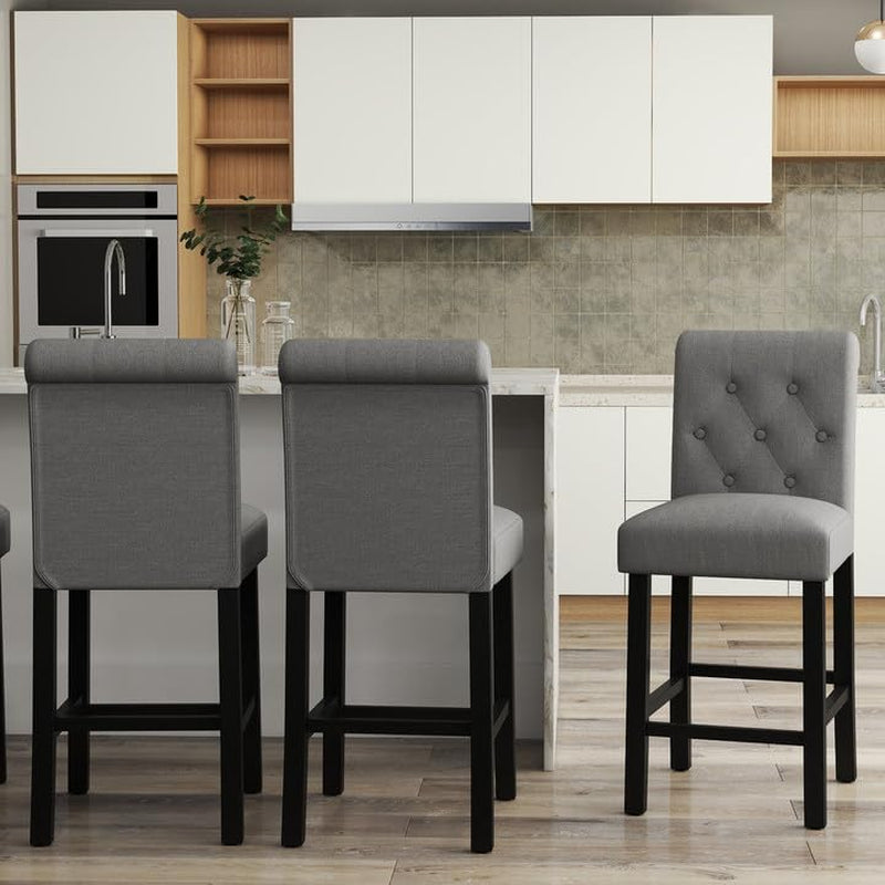 Set of 2 24-Inch Upholstered Counter Height Bar Stools with Button-Tufted Back and Solid Wood Legs in Gray