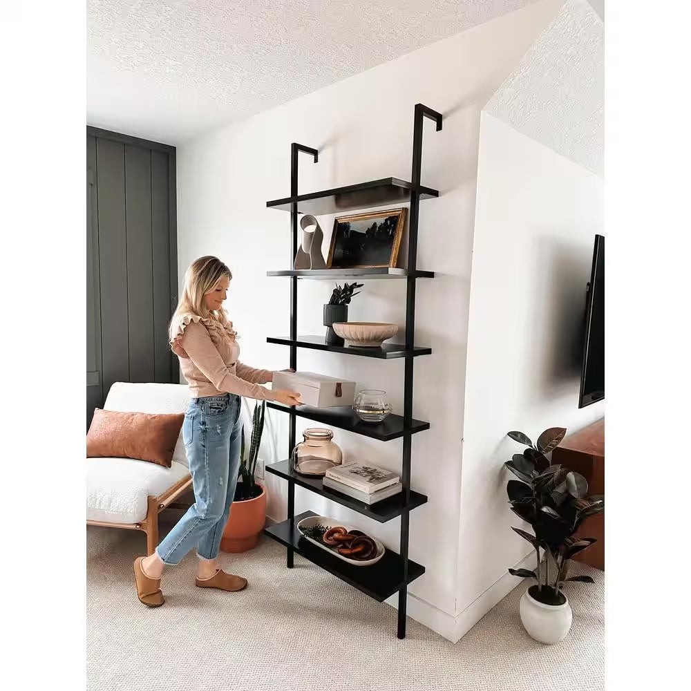 Theo 85-Inch Tall Bookcase with 6 Shelves, Wall-Mounted Wooden Shelves and Metal Frame, Matte Black Finish