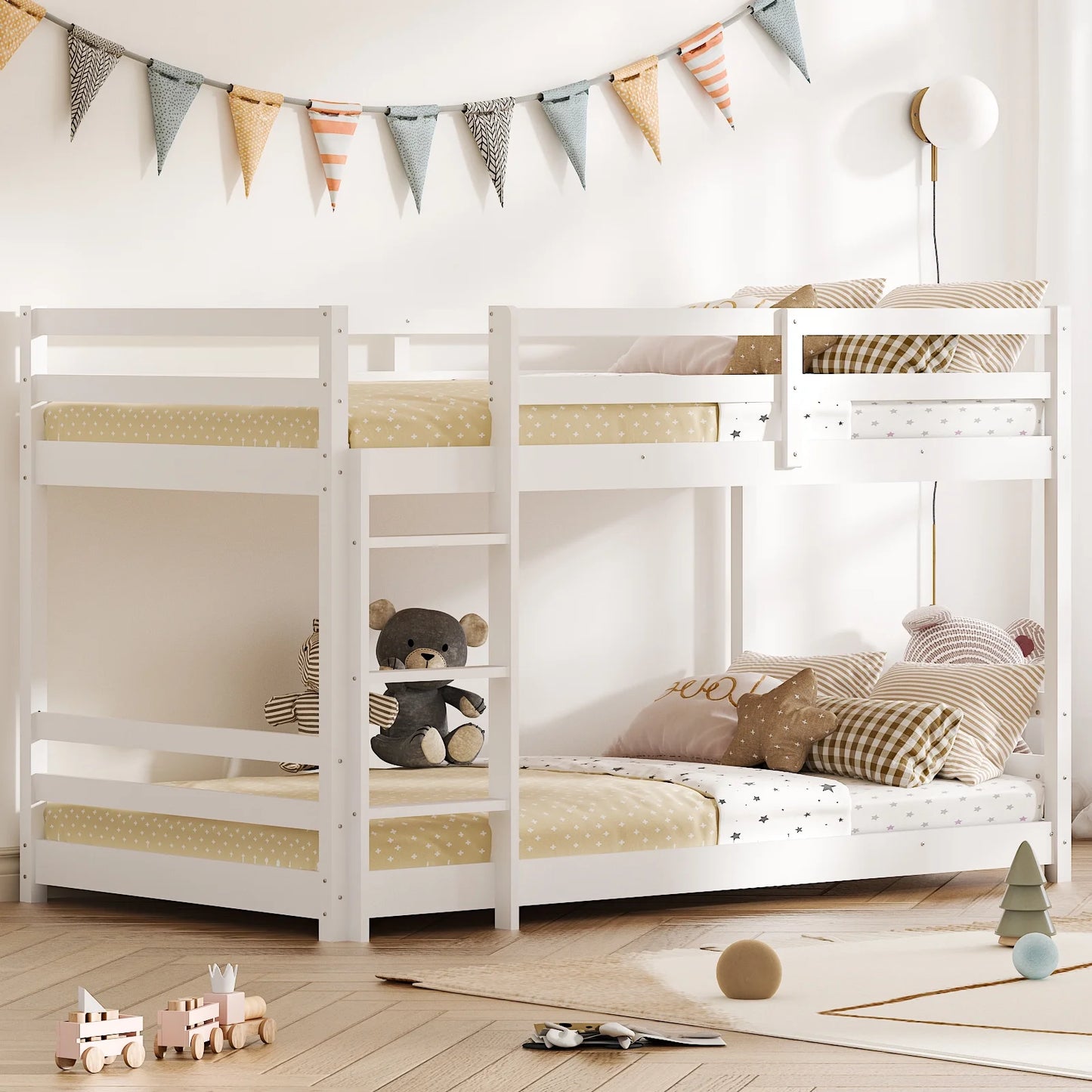 Zimtown Bunk Bed Twin over Twin,Kids Low Floor Bunk Bed with Guard Rails for Children Boys Girls Dormitory Bedroom,No Box Spring Needed,White