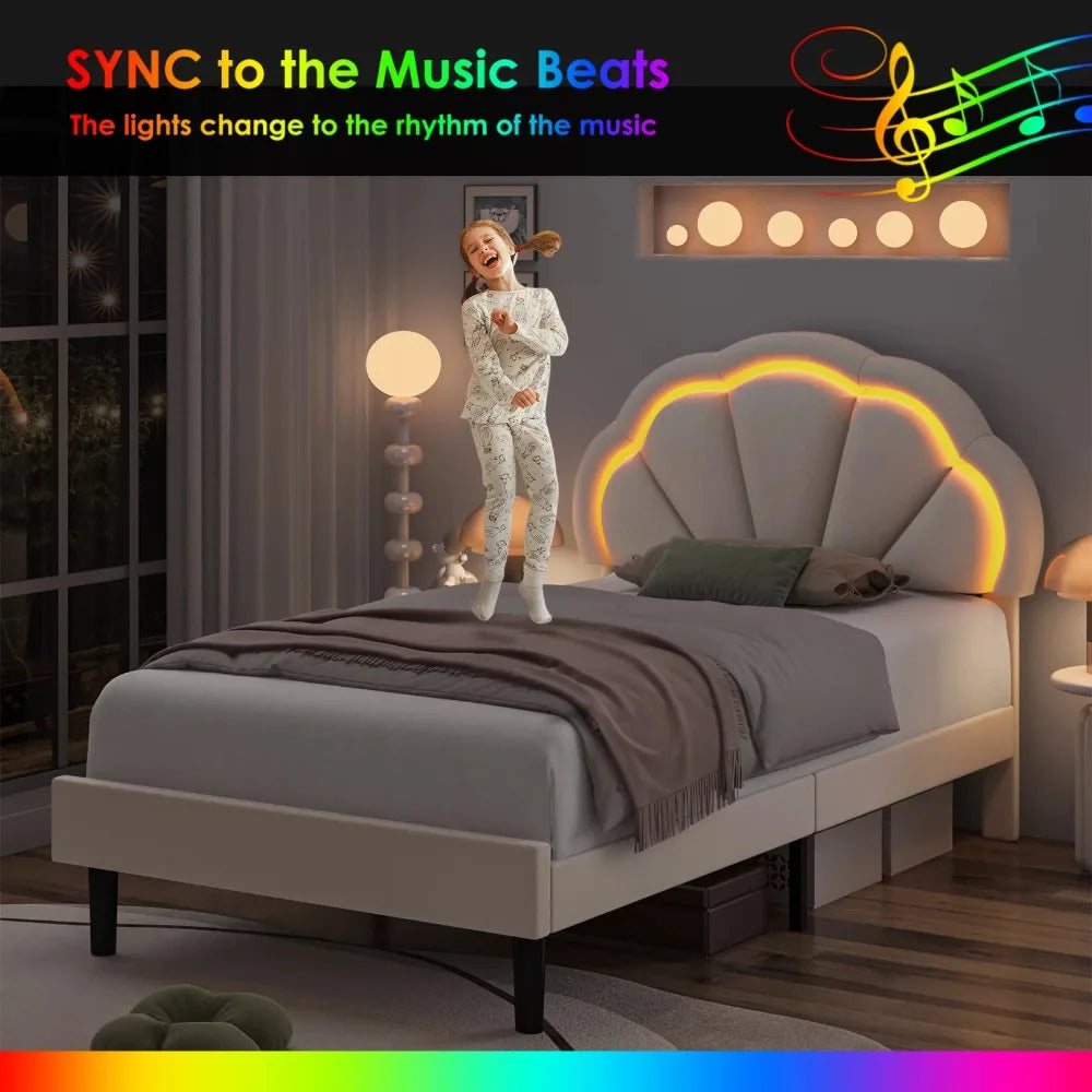 LED Bed Frame, Twin Size Velvet Upholstered Platform Bed with Adjustable Headboard, Lights Seashell Bed for Kids Girls,Off-White