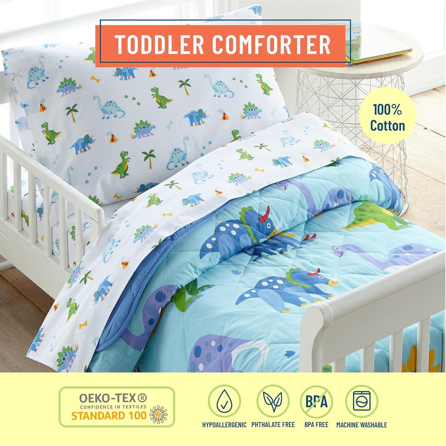 Toddler Comforter in Dinosaur Land - Soft, Lightweight Cotton, Fits Standard Crib Mattress