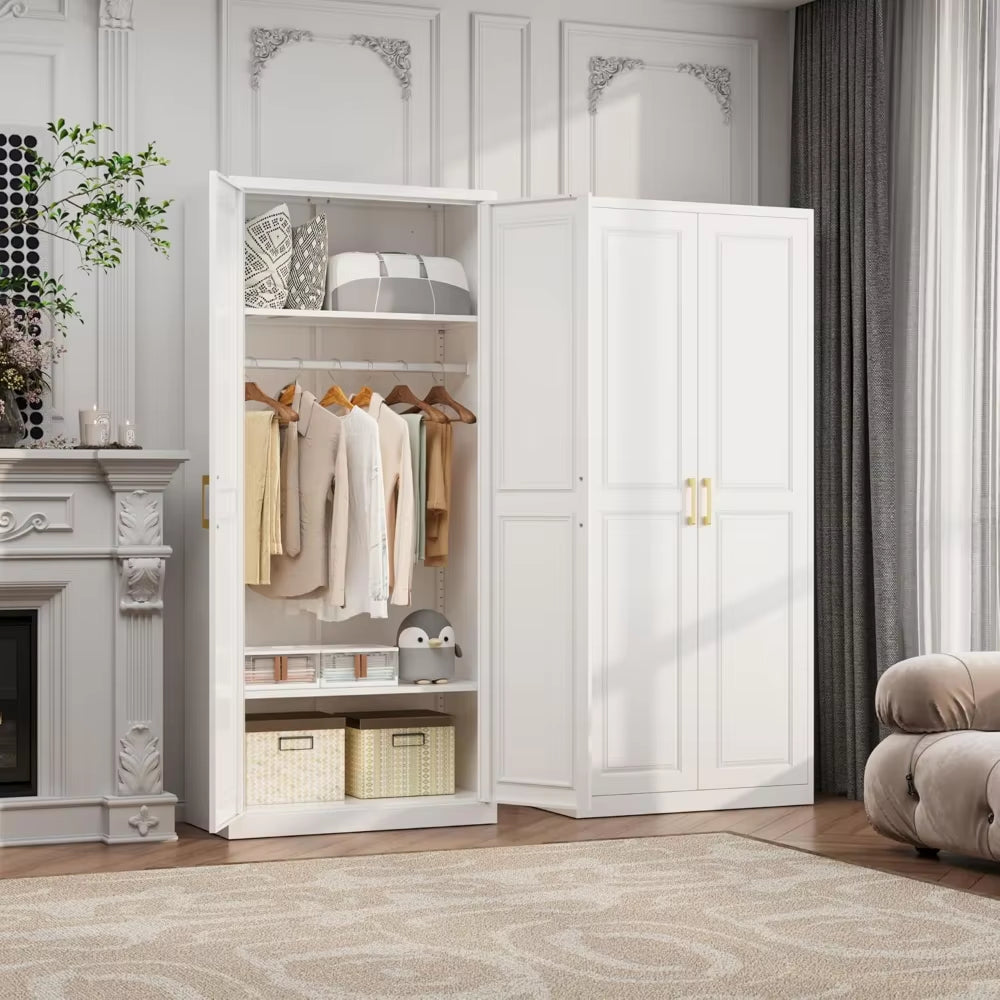 71" Metal Armoire Wardrobe Closet with 2 Doors, Tall Wardrobe Cabinet with Hanging Rod and Adjustable Shelves