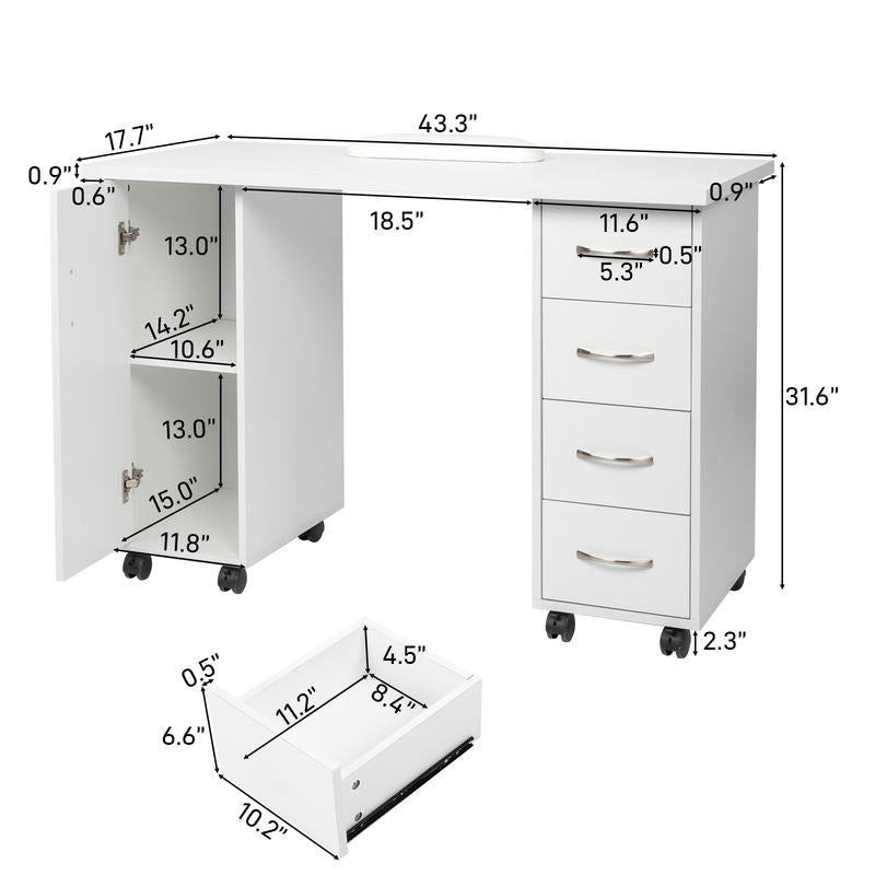 Manicure Table Nail Desk Workstation W/Cabinet, Drawers, Nail Salon Desk Beauty Spa Salon Home Wooden Technician Workstation Nail Art Equipment