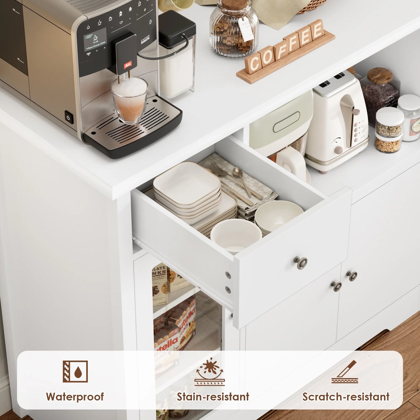Microwave Cabinet with Hutch, Kitchen Pantry Cabinet Sideboard with Adjustable Shelves and Drawer for Dining Room, White