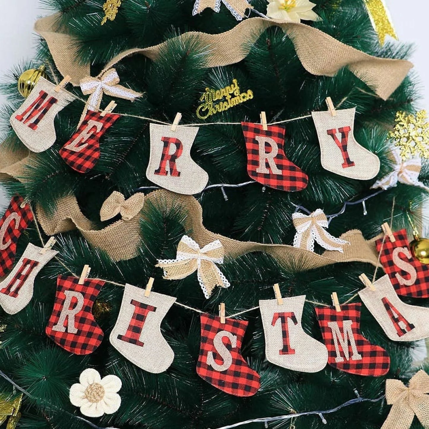 Merry Christmas Burlap Banner, Burlap and Buffalo Plaid Tree Shaped Christmas Decorations Indoor, Unique Hand-Sewn Christmas Decor, Christmas Ornaments for Wall, Window, Tree and Fireplace Decoration