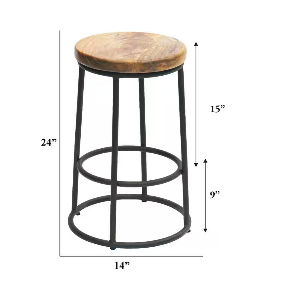24 In. Mango Wood Brown and Black Counter Height Bar Stool with Iron Base