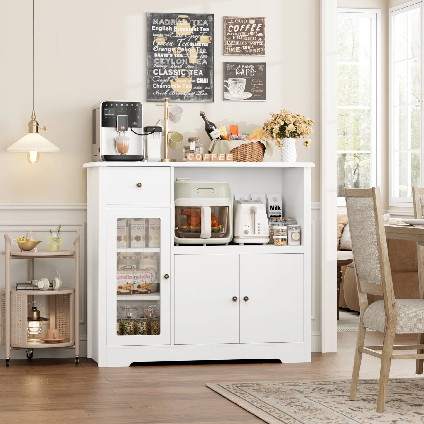 Microwave Cabinet with Hutch, Kitchen Pantry Cabinet Sideboard with Adjustable Shelves and Drawer for Dining Room, White