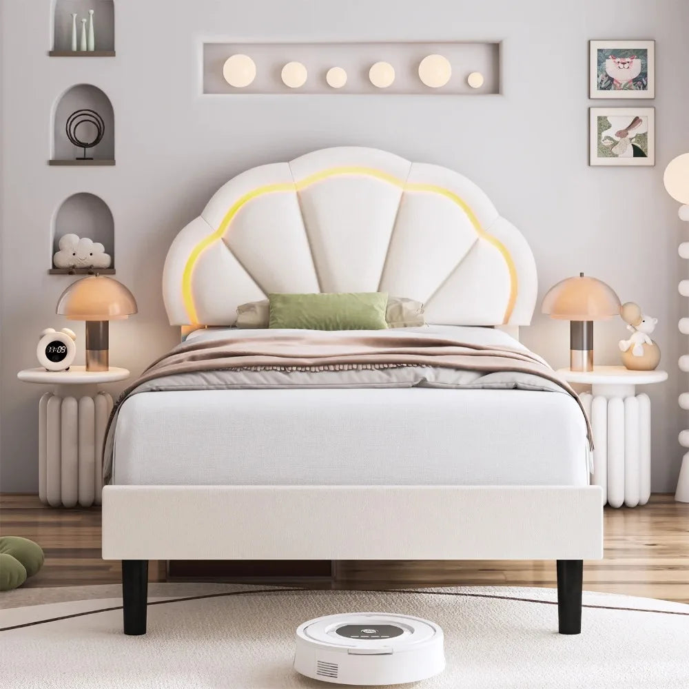 LED Bed Frame, Twin Size Velvet Upholstered Platform Bed with Adjustable Headboard, Lights Seashell Bed for Kids Girls,Off-White