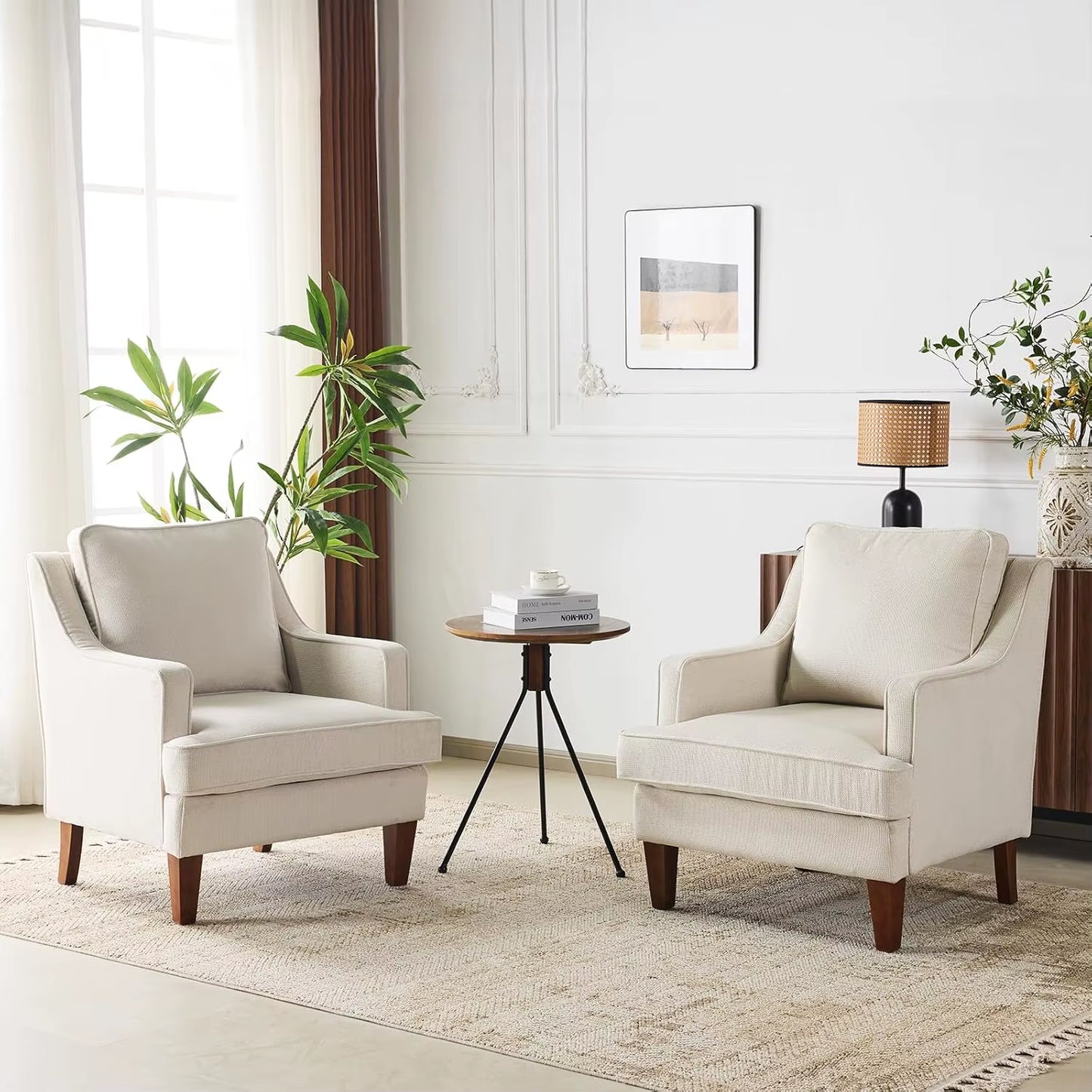 Mid-Century Modern Accent Chairs Set of 2, Beige Upholstered Armchair Comfy Sofa Chairs Reading Chair High Back for Living Room