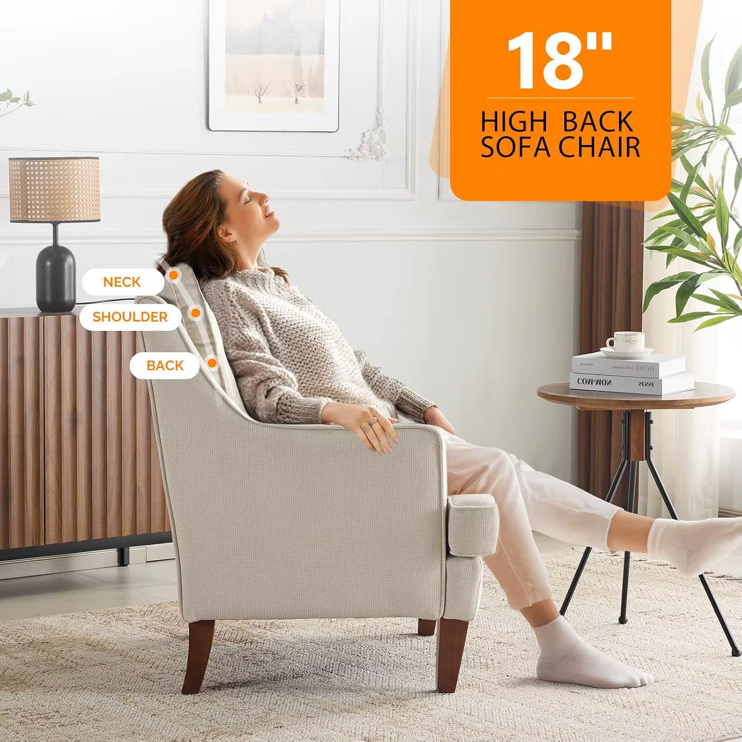 Mid-Century Modern Accent Chairs Set of 2, Beige Upholstered Armchair Comfy Sofa Chairs Reading Chair High Back for Living Room