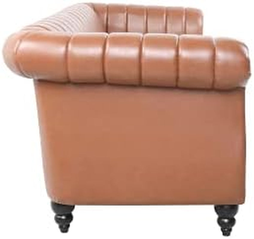 Chesterfield 3-Seater Sofa in PU Leather with Rolled Arms and Studded Accents, Featuring Rotating Solid Wood Legs - Bronze Finish