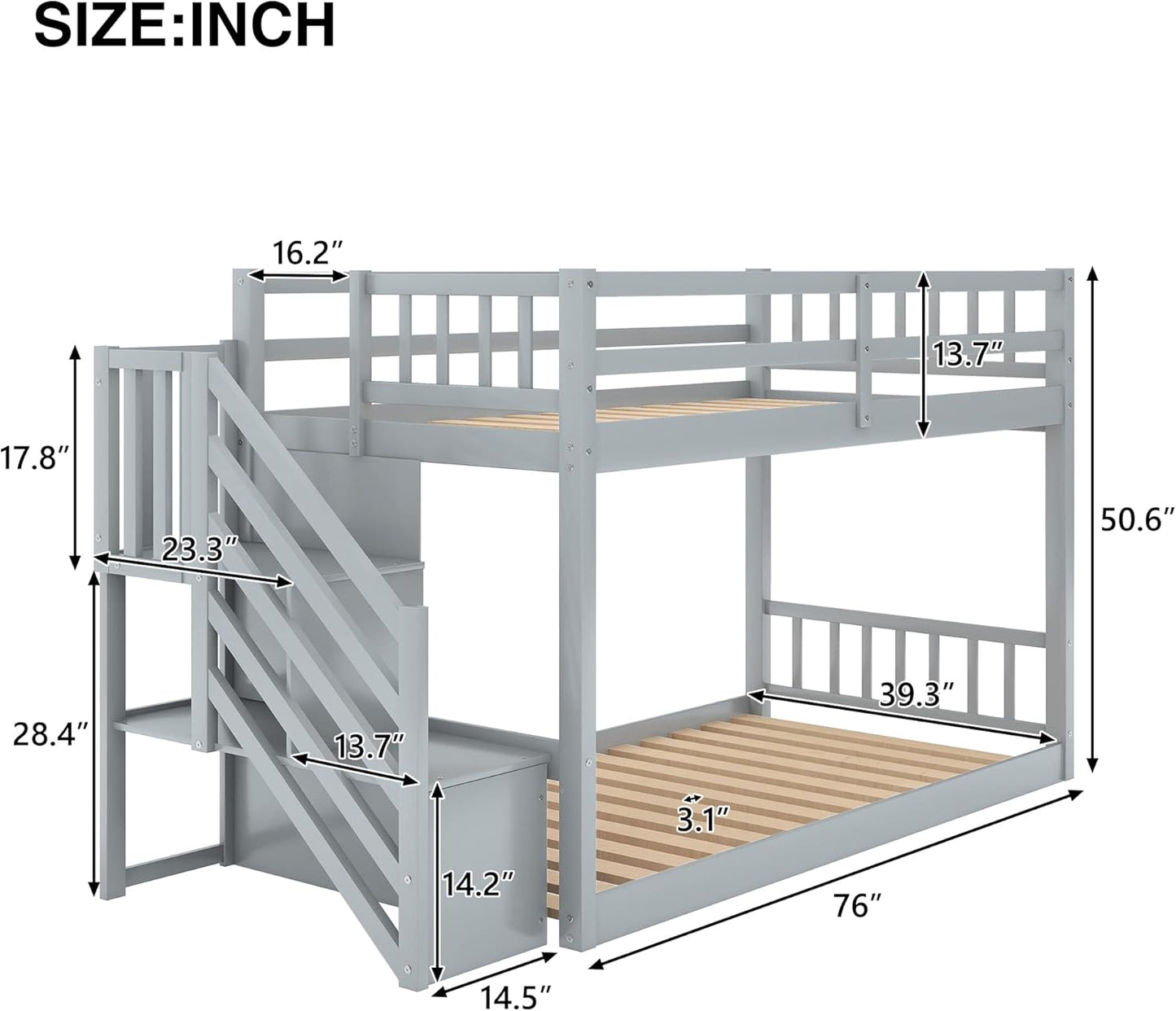 Solid Wood Twin over Twin Low Bunk Bed with Storage and Guardrail for Children and Toddlers