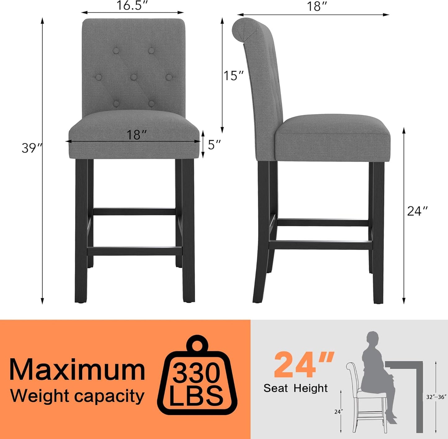 Set of 2 24-Inch Upholstered Counter Height Bar Stools with Button-Tufted Back and Solid Wood Legs in Gray