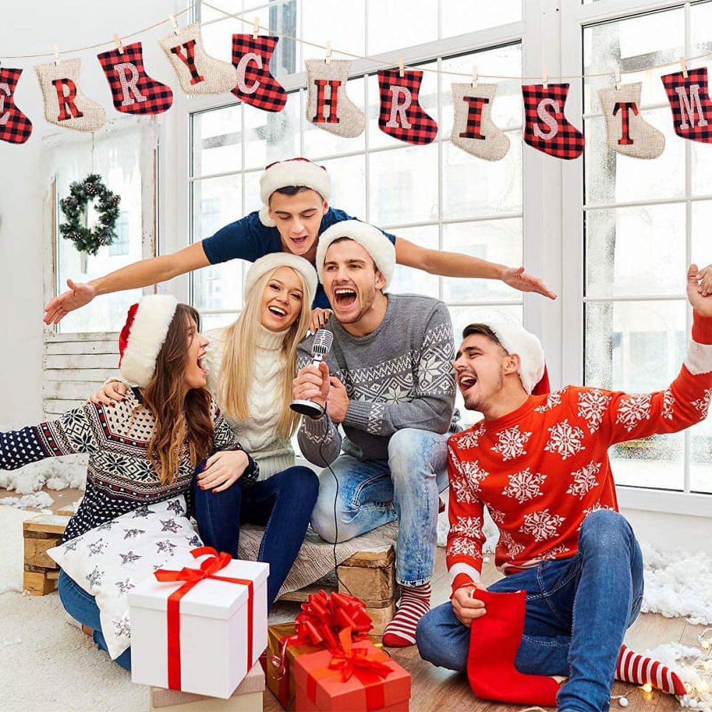 Merry Christmas Burlap Banner, Burlap and Buffalo Plaid Tree Shaped Christmas Decorations Indoor, Unique Hand-Sewn Christmas Decor, Christmas Ornaments for Wall, Window, Tree and Fireplace Decoration