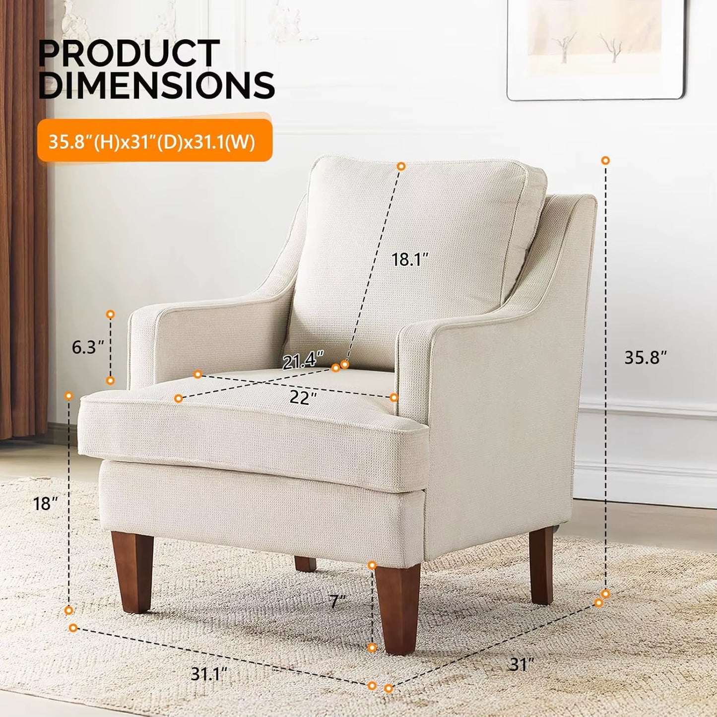 Mid-Century Modern Accent Chairs Set of 2, Beige Upholstered Armchair Comfy Sofa Chairs Reading Chair High Back for Living Room