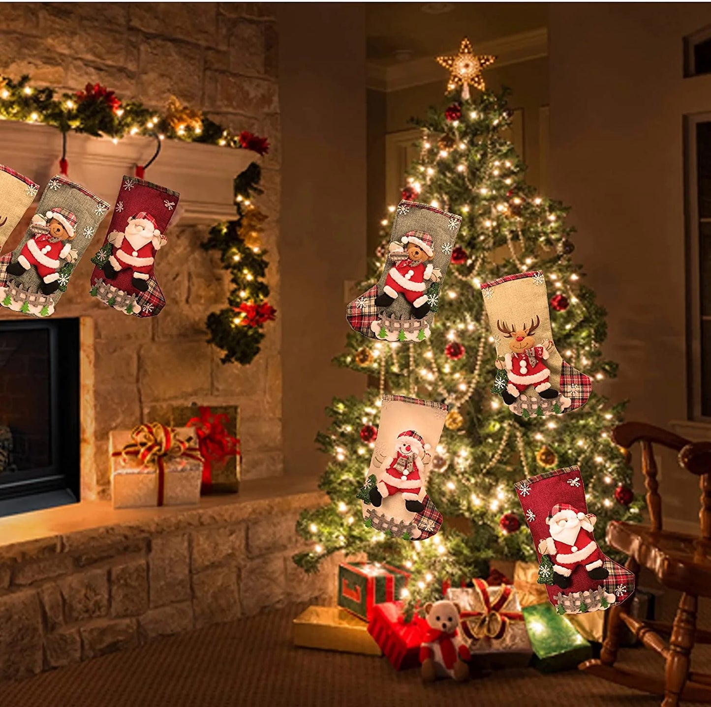 Christmas Stockings 4 Pcs - 18" Large Xmas Stockings - Santa Snowman Reindeer Penguin for Christmas - Decorations Home Party Supplies & Kids Gifts