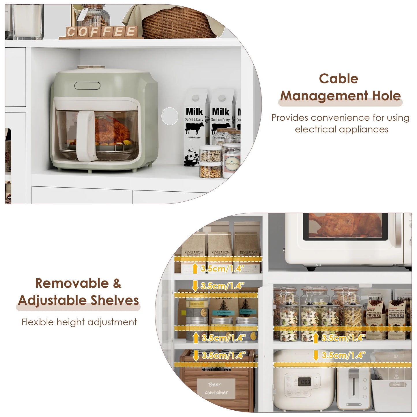 Microwave Cabinet with Hutch, Kitchen Pantry Cabinet Sideboard with Adjustable Shelves and Drawer for Dining Room, White