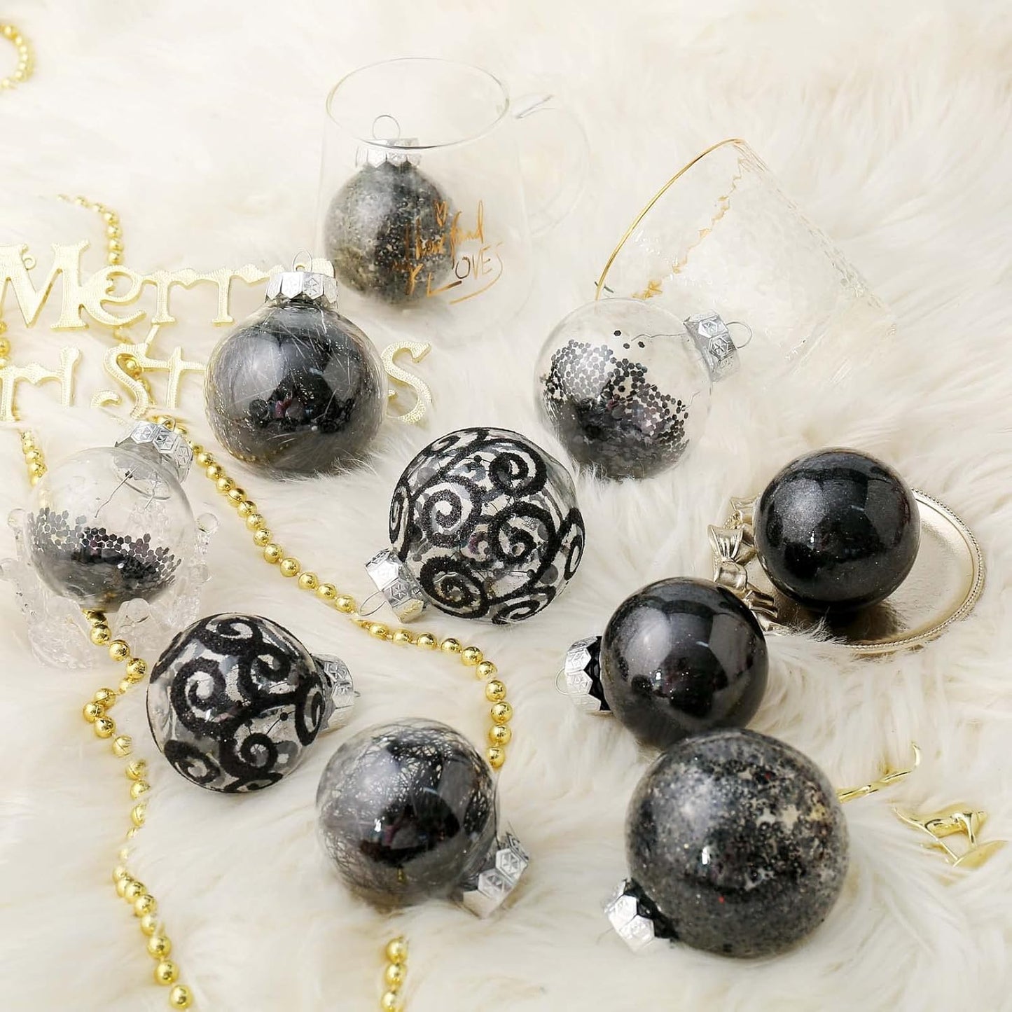 Shatterproof Clear Plastic Christmas Ball Ornaments Set with Stuffed Decorative Baubles (70mm / 2.76", Black)