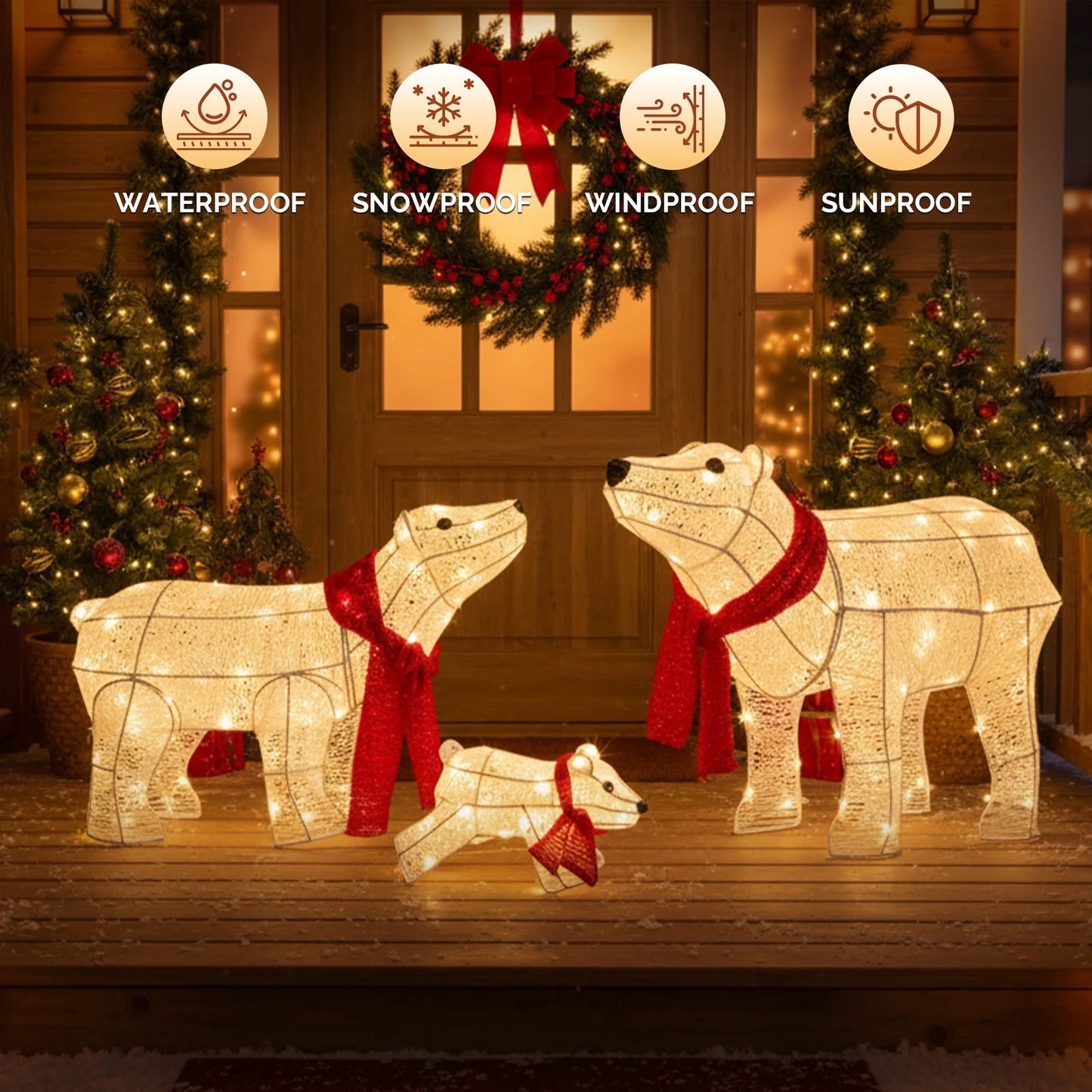 3-Piece Christmas Decor Lighted Polar Bear Family, Pre-Lit Outdoor Indoor Christmas Decor with Warm White Leds