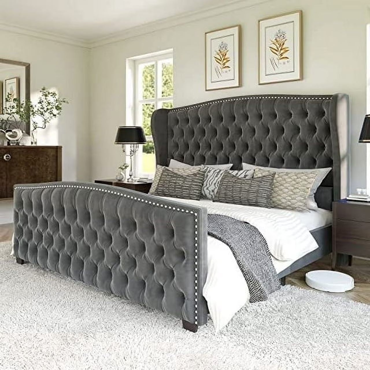 King Size Bed Frame, Velvet Upholstered Bed with Deep Button Tufted Wingback Headboard,Grey