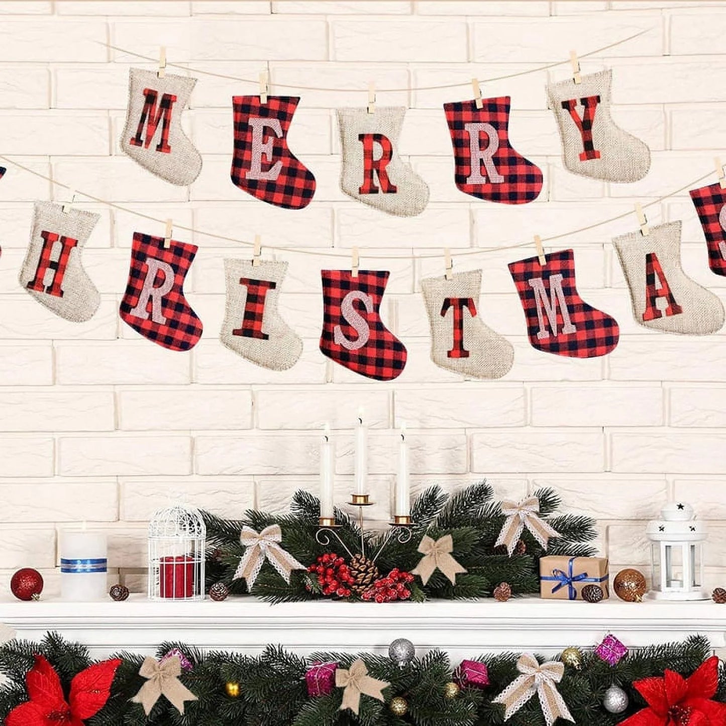Merry Christmas Burlap Banner, Burlap and Buffalo Plaid Tree Shaped Christmas Decorations Indoor, Unique Hand-Sewn Christmas Decor, Christmas Ornaments for Wall, Window, Tree and Fireplace Decoration
