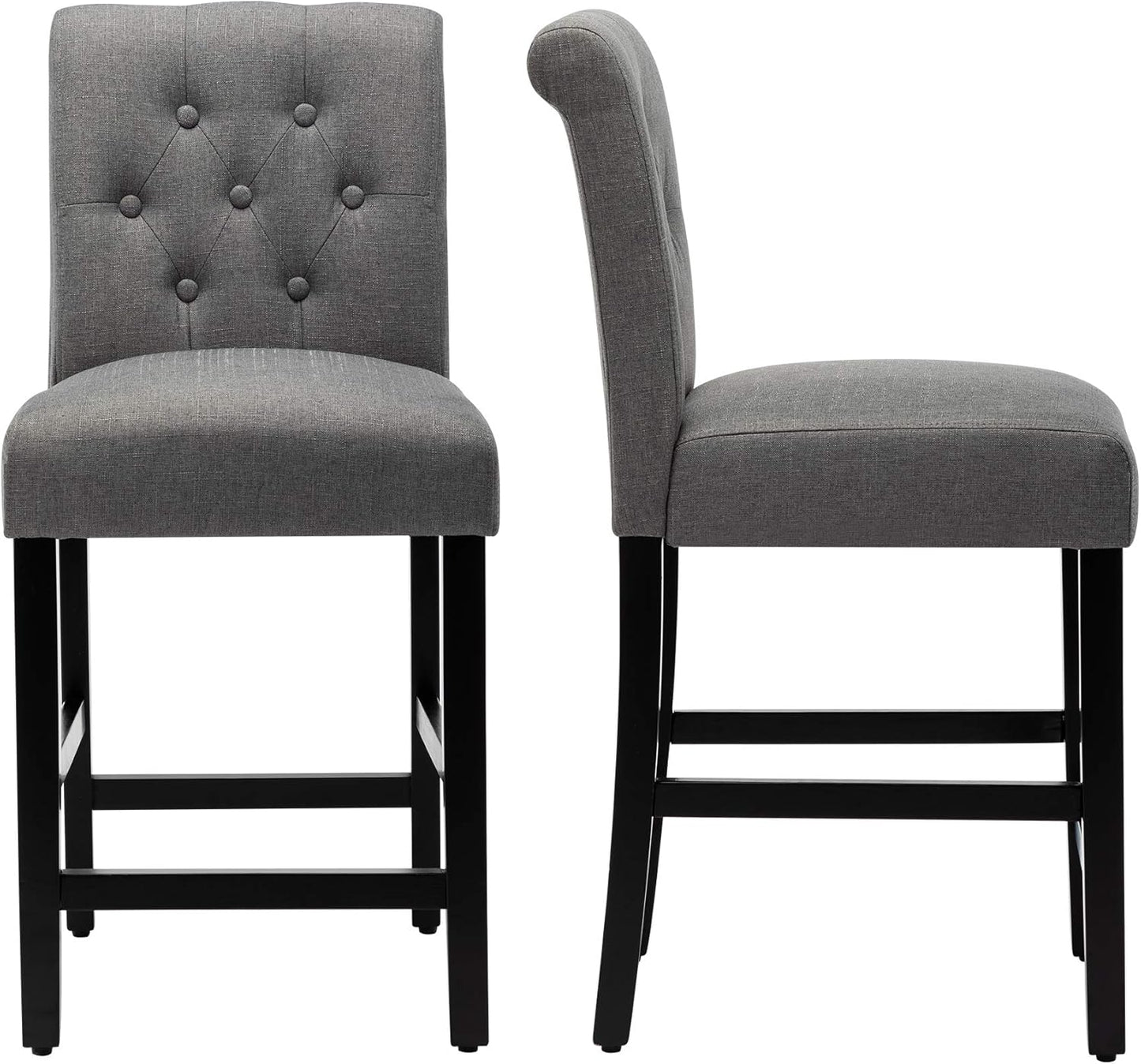 Set of 2 24-Inch Upholstered Counter Height Bar Stools with Button-Tufted Back and Solid Wood Legs in Gray