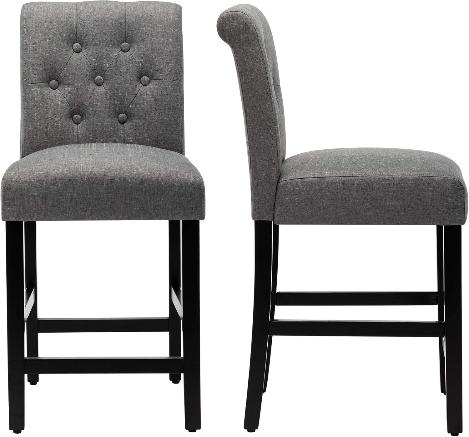 Set of 2 24-Inch Upholstered Counter Height Bar Stools with Button-Tufted Back and Solid Wood Legs in Gray