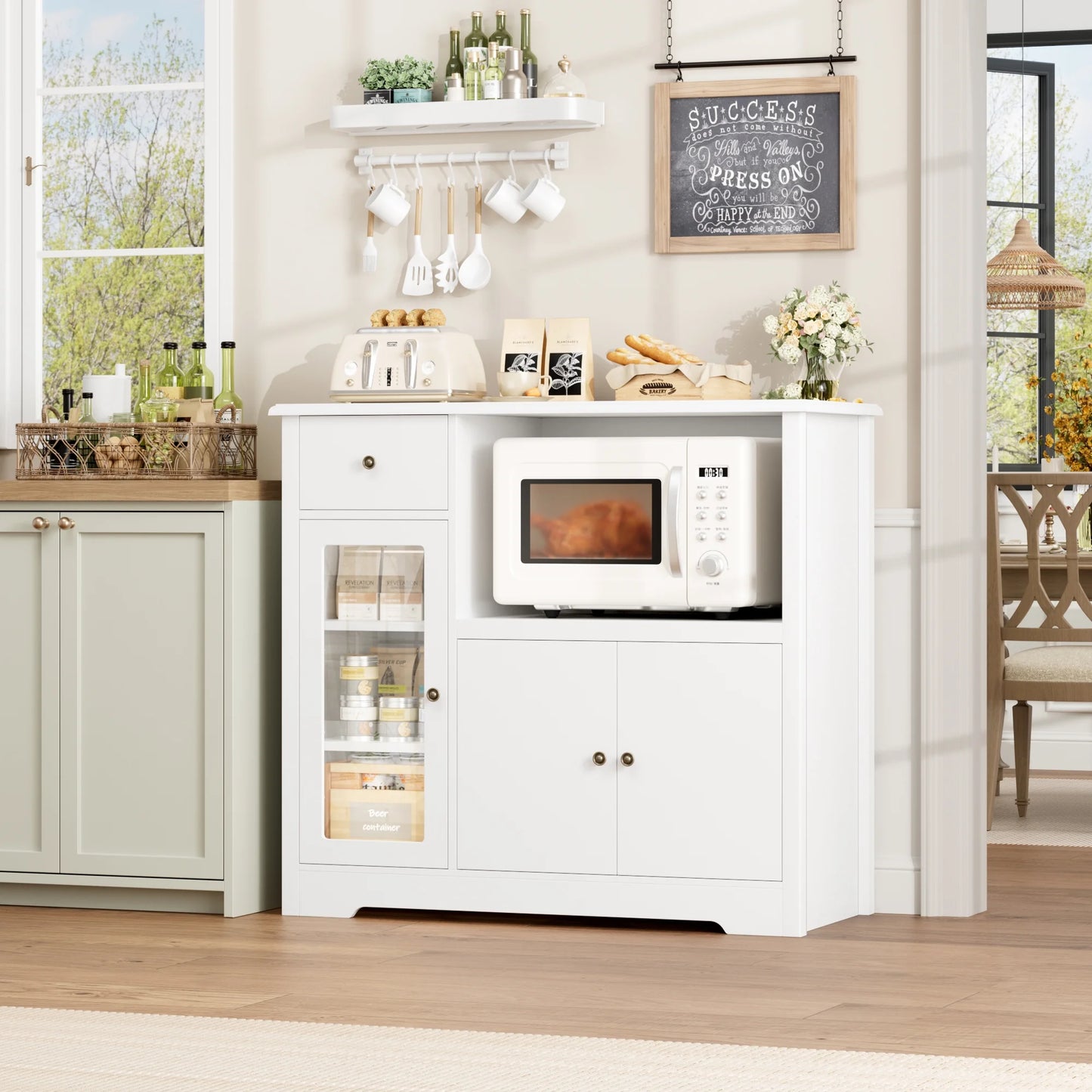 Microwave Cabinet with Hutch, Kitchen Pantry Cabinet Sideboard with Adjustable Shelves and Drawer for Dining Room, White