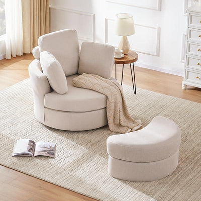 39" Swivel Accent Barrel Chairs with Removable Headrest, Chaise Lounge Indoor with Neck Support Pillow, Swivel Chairs for Living Room, Oversized Chair with Ottoman, Beige