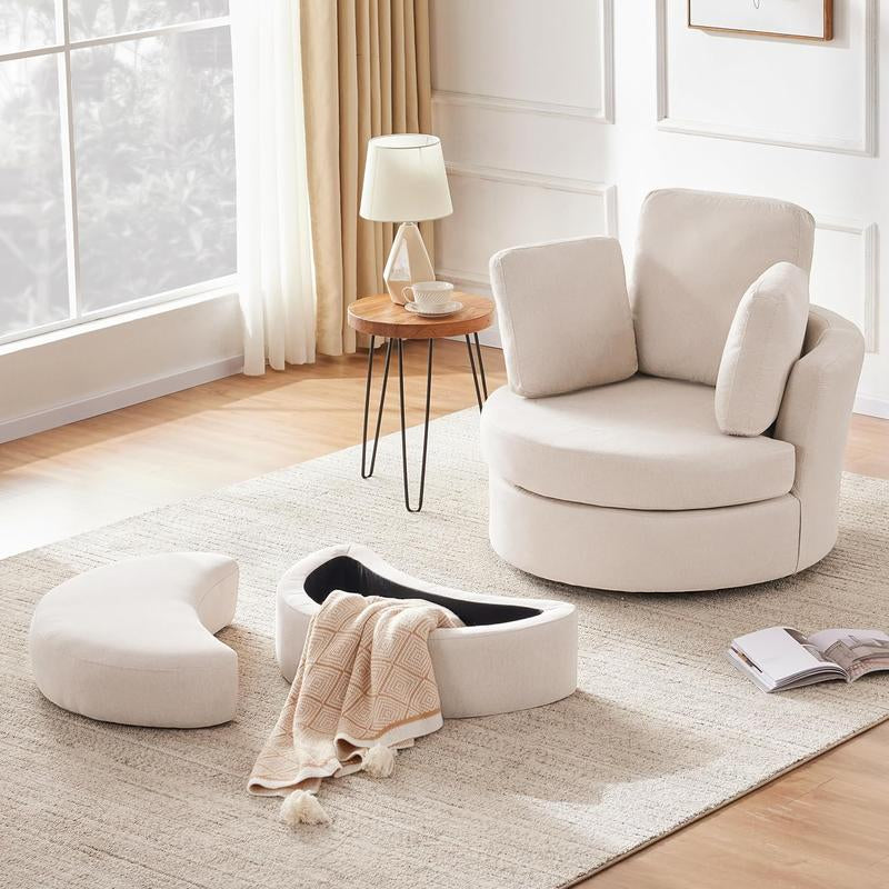 39" Swivel Accent Barrel Chairs with Removable Headrest, Chaise Lounge Indoor with Neck Support Pillow, Swivel Chairs for Living Room, Oversized Chair with Ottoman, Beige