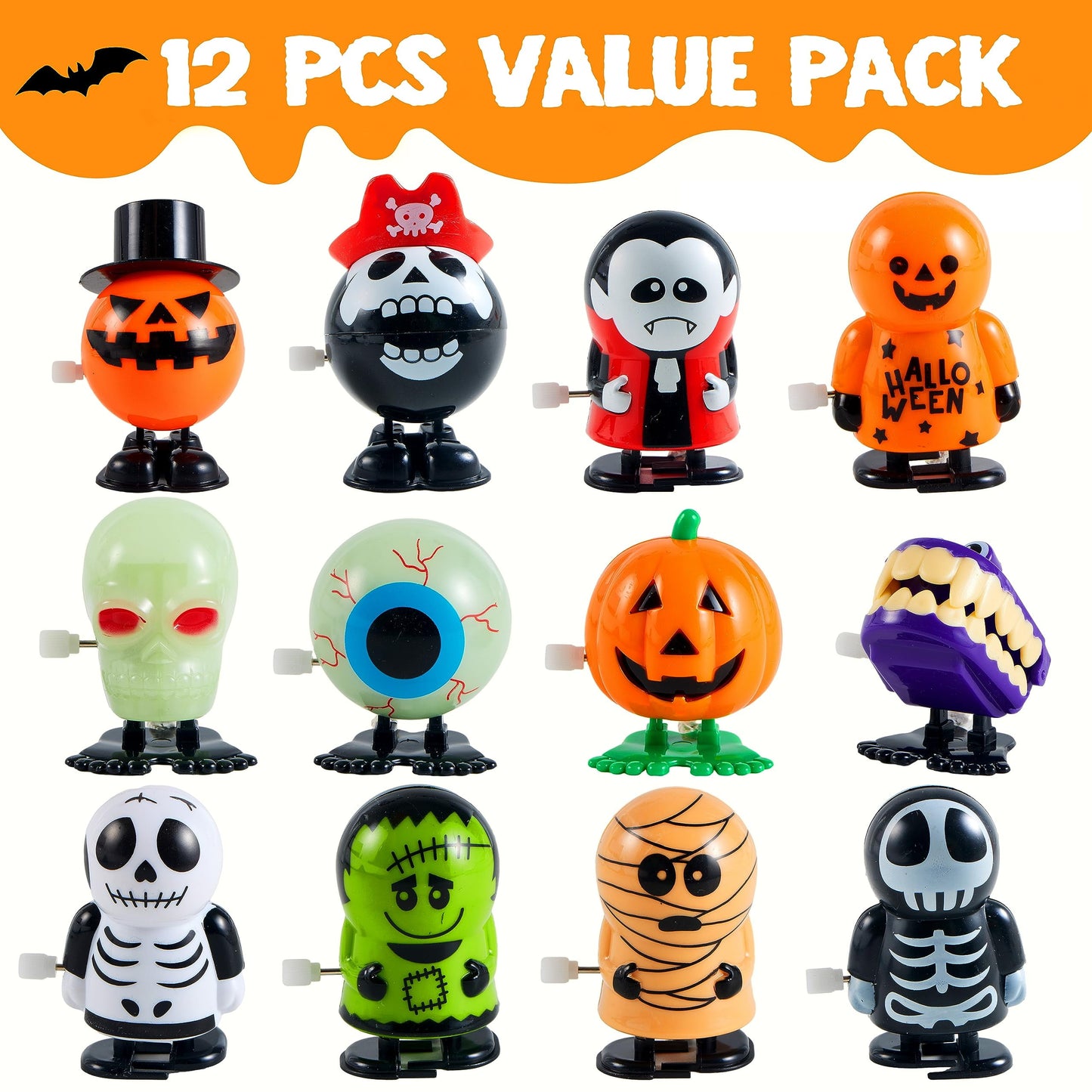 Exciting 12-Piece Halloween Wind-Up Toy Set for Kids - Perfect Party Favors and Goody Bag Fillers!