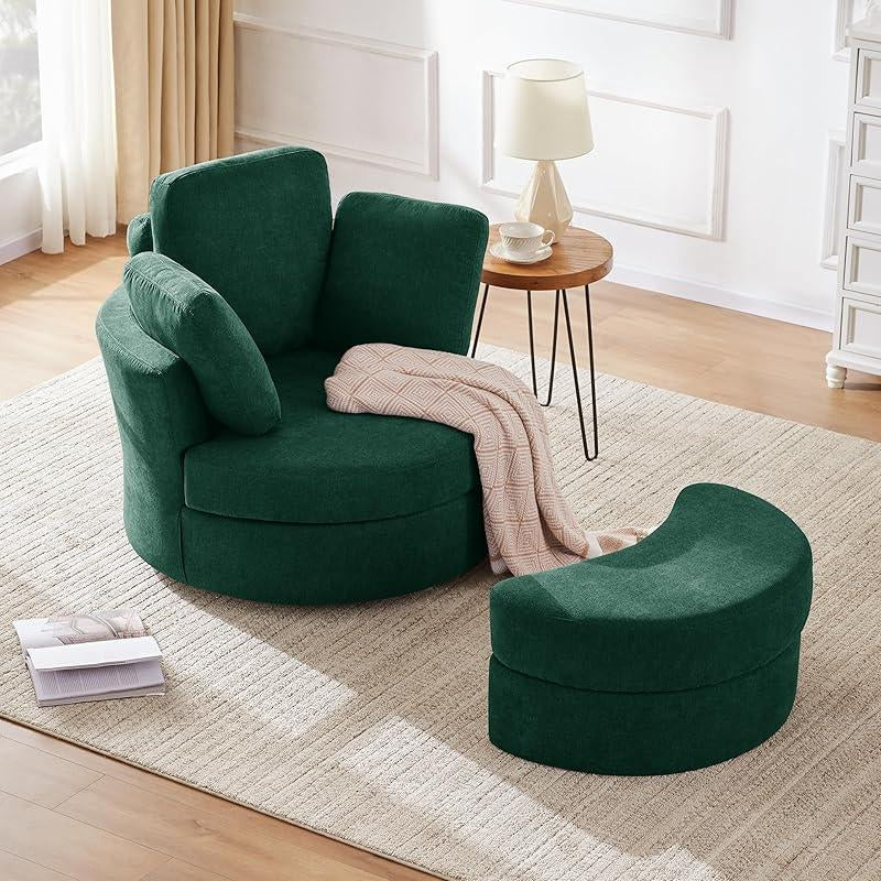 39" Swivel Accent Barrel Chairs with Removable Headrest, Chaise Lounge Indoor with Neck Support Pillow, Swivel Chairs for Living Room, Oversized Chair with Ottoman, Beige