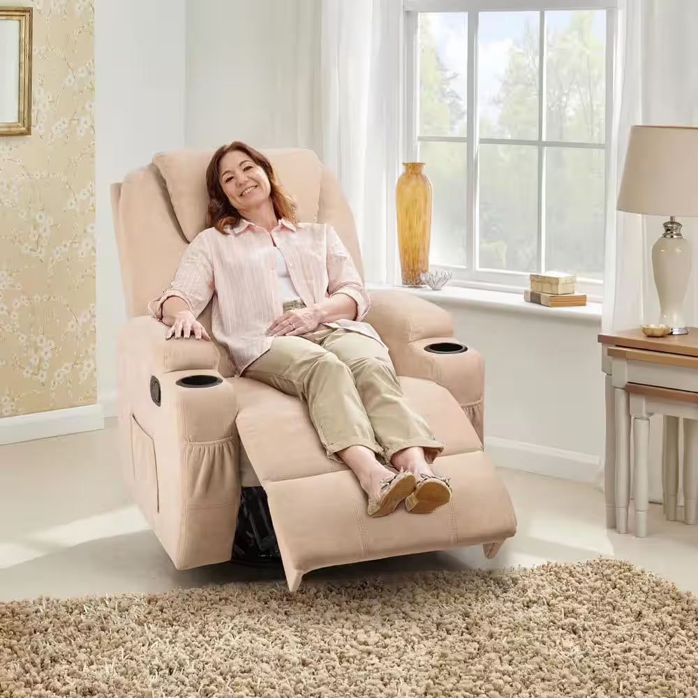 Ultimate Comfort: Big & Tall Beige Linen Recliner Chair with Swivel, Rocking and Power Massage Function