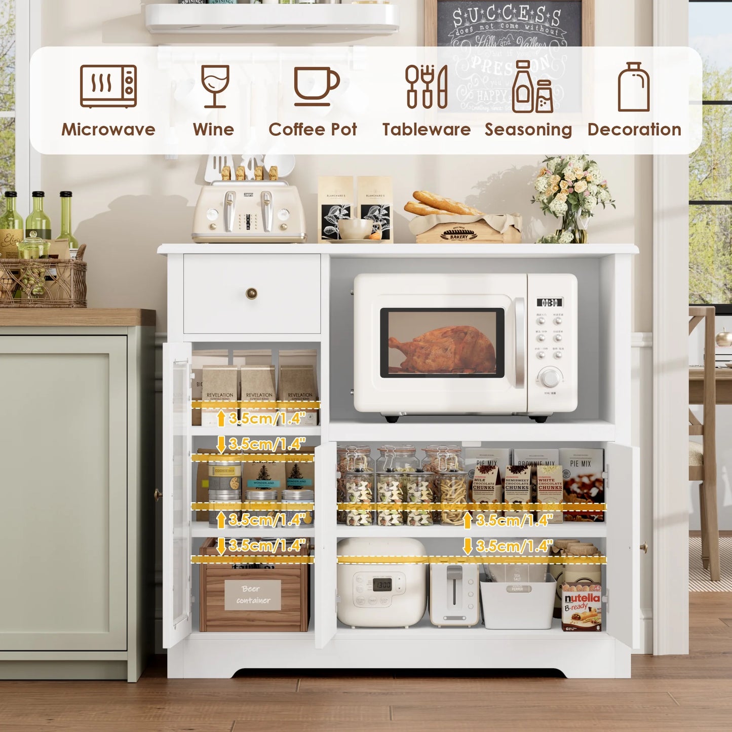Microwave Cabinet with Hutch, Kitchen Pantry Cabinet Sideboard with Adjustable Shelves and Drawer for Dining Room, White