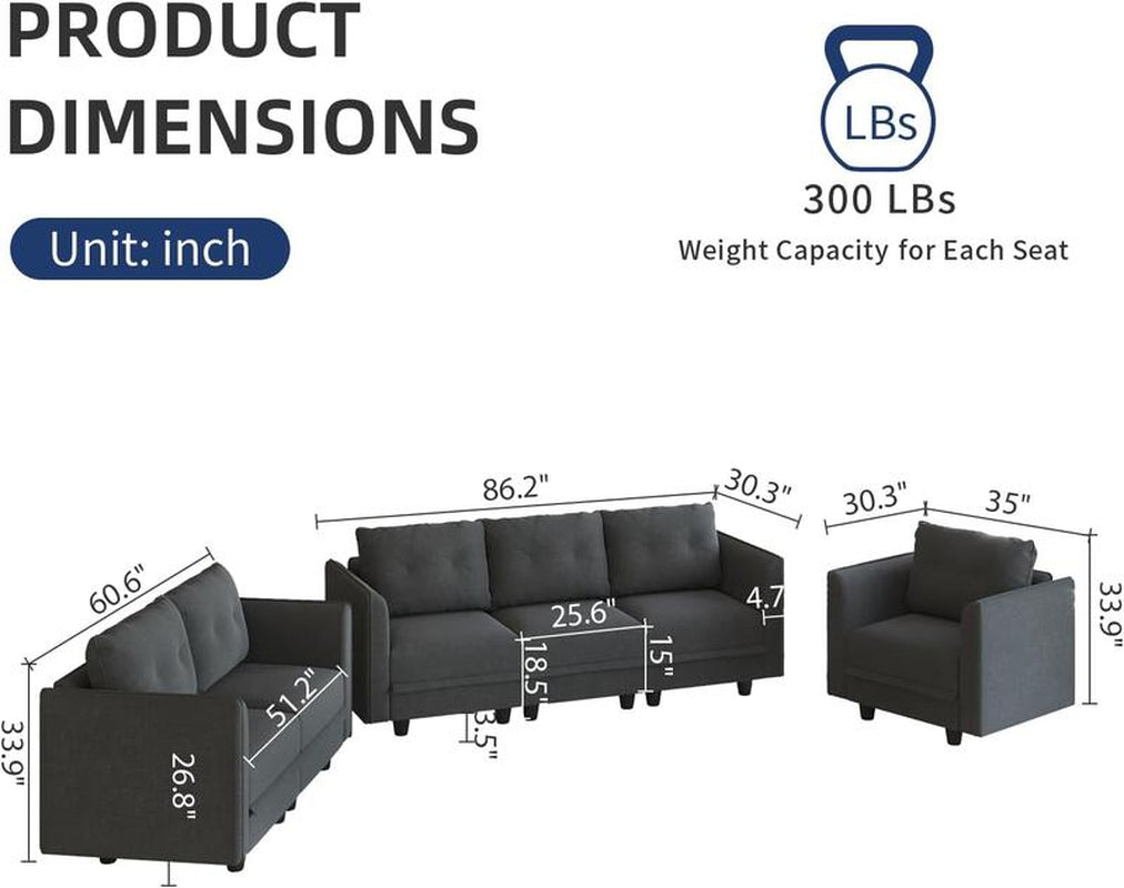 Llappuil 3 Piece Living Room Furniture Set, Modular Sectional Sofa Set with Storage, Velvet 6 Seat Convertible Sectional Sofa Couch for Living Room Dark Gray Lounge Modern