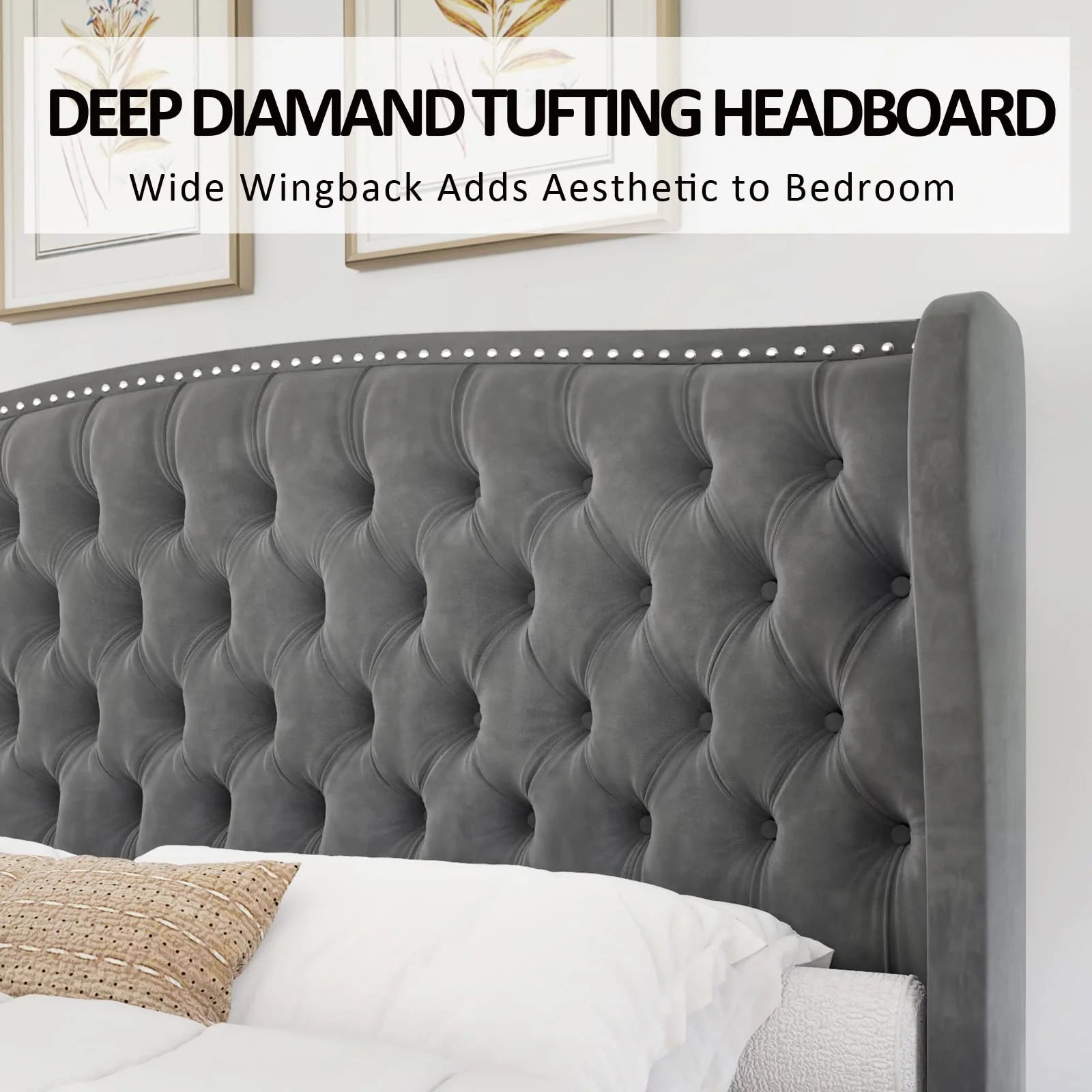 King Size Bed Frame, Velvet Upholstered Bed with Deep Button Tufted Wingback Headboard,Grey