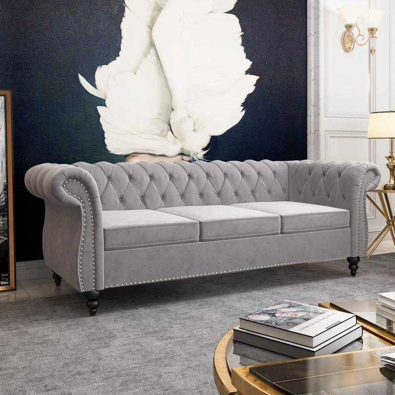Giratree Furniture 78" 3-Seater Velvet Sofa | Tufted Back Chesterfield Upholstered Couch | Ideal for Living Room, Apartment, Office, Reception, Lounge, Small Spaces