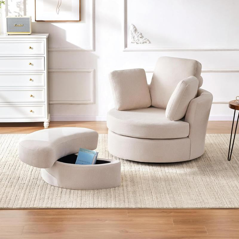 39" Swivel Accent Barrel Chairs with Removable Headrest, Chaise Lounge Indoor with Neck Support Pillow, Swivel Chairs for Living Room, Oversized Chair with Ottoman, Beige