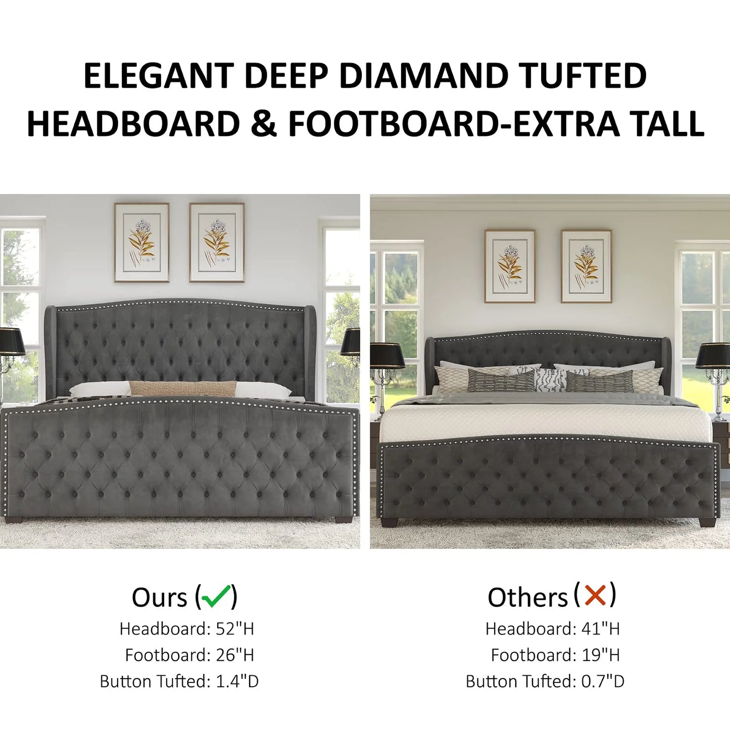King Size Bed Frame, Velvet Upholstered Bed with Deep Button Tufted Wingback Headboard,Grey